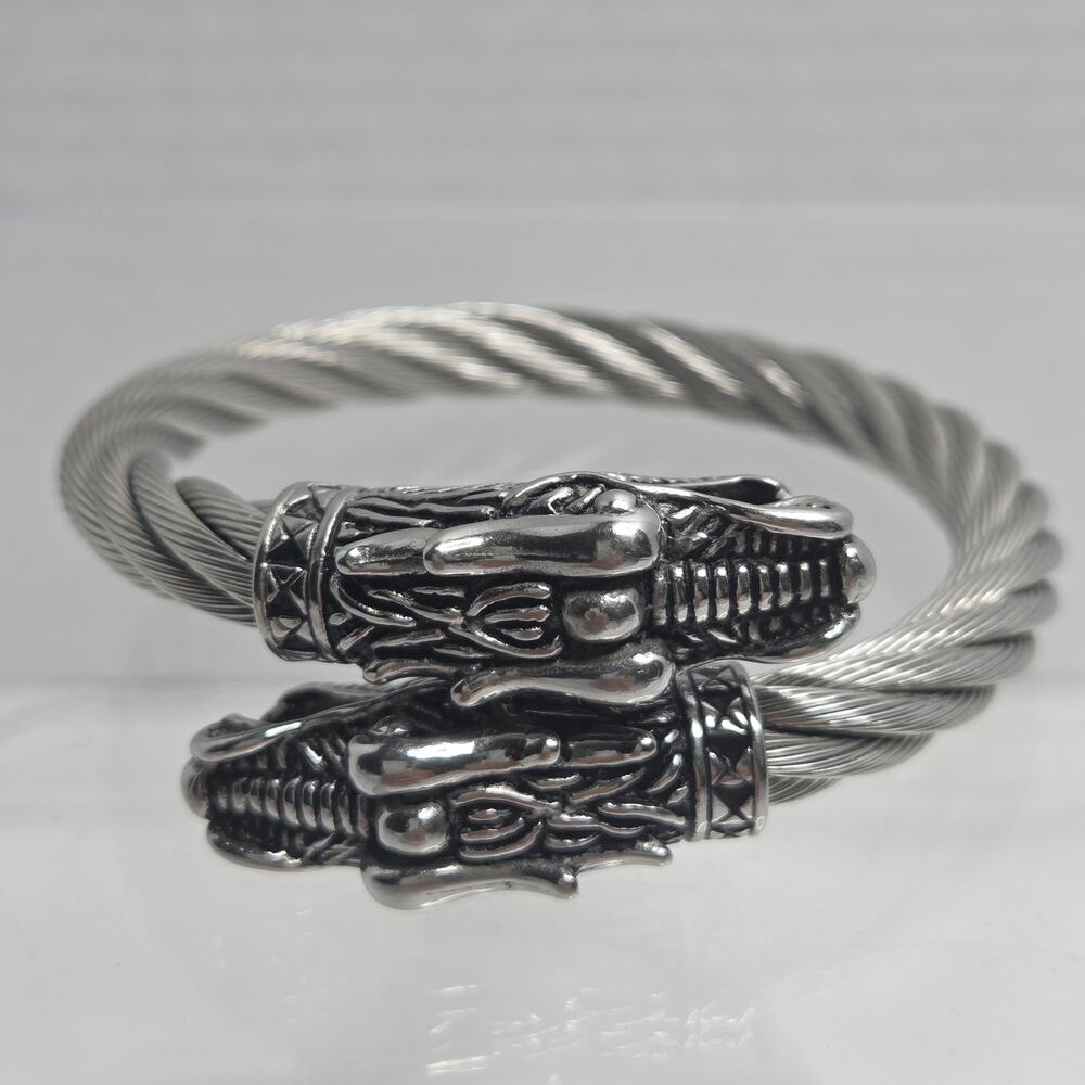 Stainless Steel Twisted Cable Double Dragon Head Cuff Bangle Bracelet